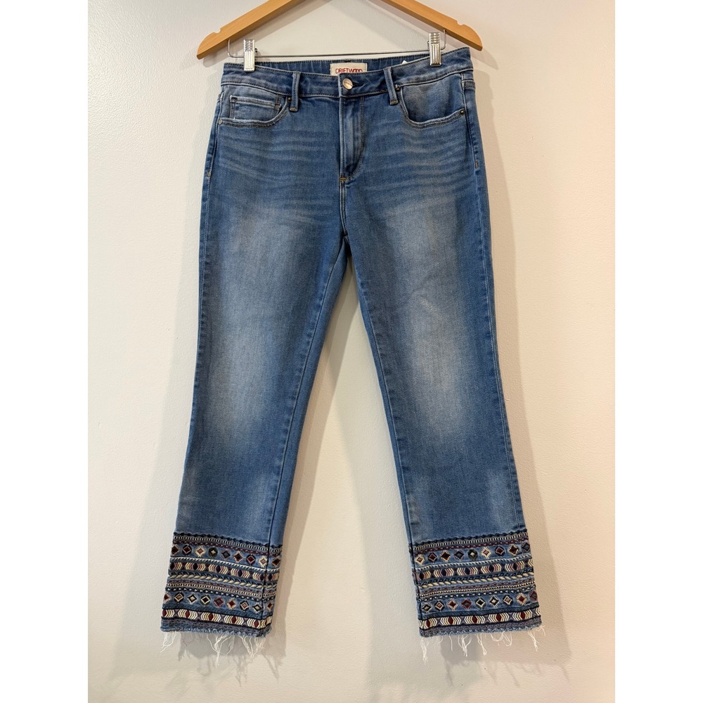 Driftwood Colette Embroidered Raw Hem Straight Leg Jeans Blue W29 L26 Boho
